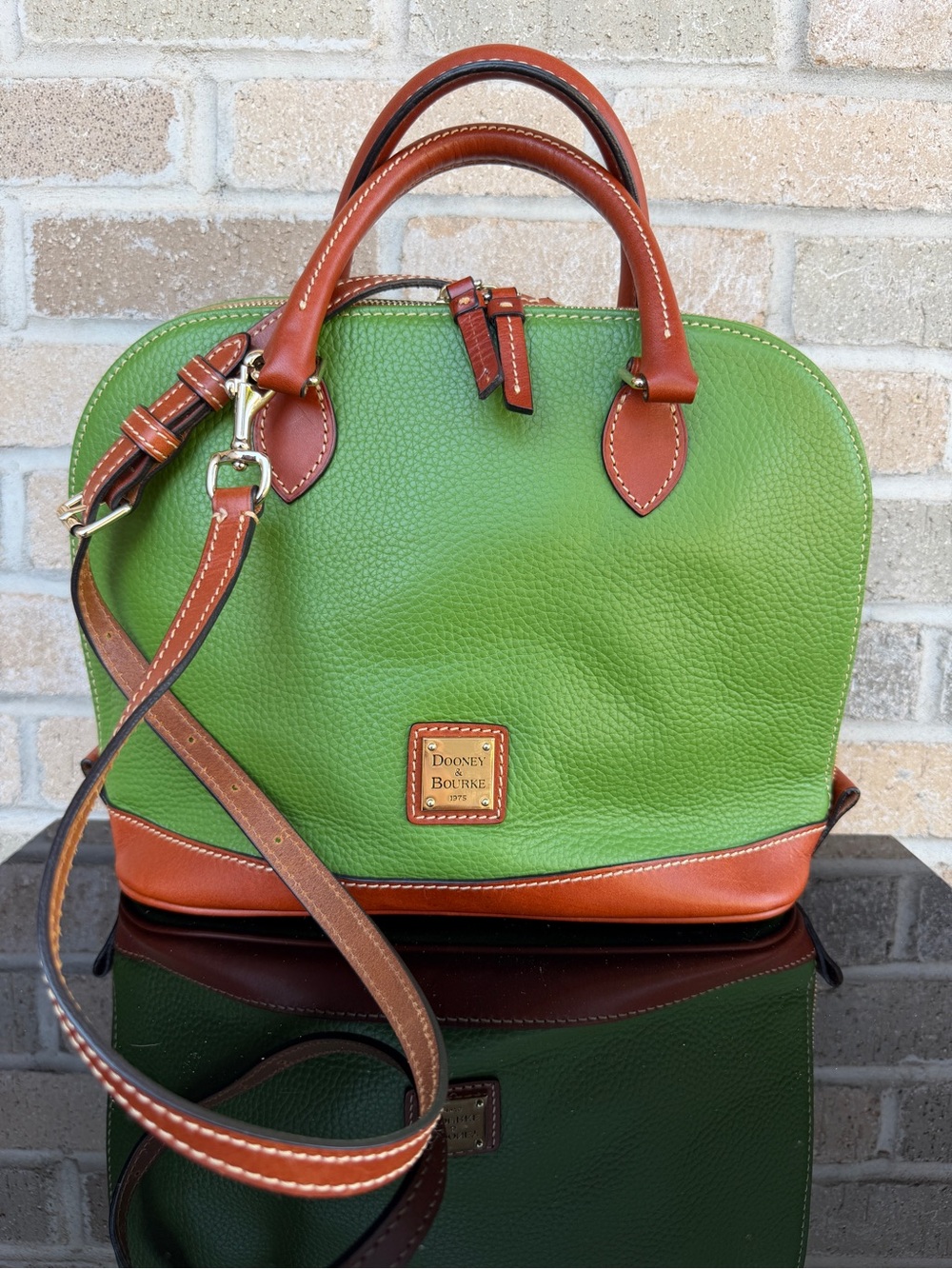 Dooney & Bourke Pebble Grain Zip Zip Domed Satchel Kelly Green British Tan